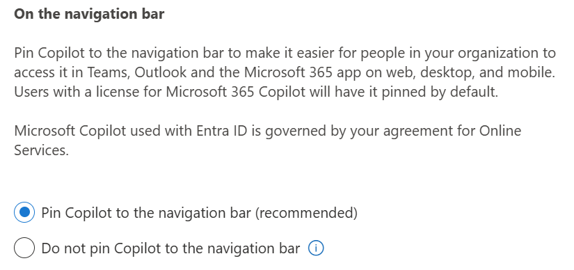 Снимок экрана: параметр для закрепления Copilot на панели навигации.