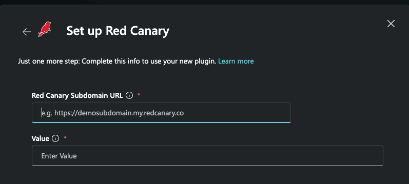 Снимок экрана: где ввести URL-адрес Red Canary и ключ API.