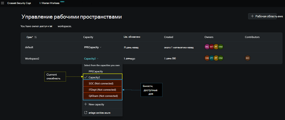 Изображение страницы назначения и переключения емкостей.