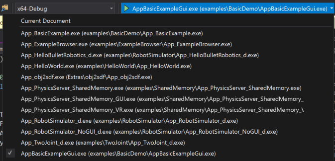 Раскрывающийся список запуска на панели инструментов Visual Studio, 