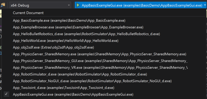 Снимок экрана: раскрывающийся список запуска панели инструментов Visual Studio. AppBasicExampleGui.exe выбран, но другие параметры видны, например App_ExampleBrowser.exe, App_HelloWorld.exeи другие.