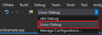 Раскрывающийся список конфигурации запуска с вариантами X64-Debug и Linux-Debug.