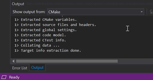 Окно вывода с выходными данными из CMake