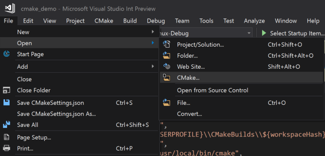 Снимок экрана: меню Visual Studio с открытым файлом >> C Make. Папка еще не открыта. Это только меню, открытое в этой точке.