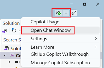 Скриншот выпадающего меню значка GitHub. Выбрано 'Открыть окно чата'.