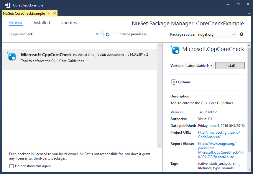 Окно диспетчера пакетов Nuget, показывающее пакет CppCoreCheck.