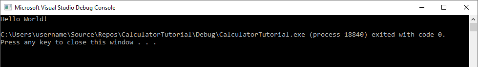 Снимок экрана: консоль отладки Visual Studio с выходными данными: Hello World!