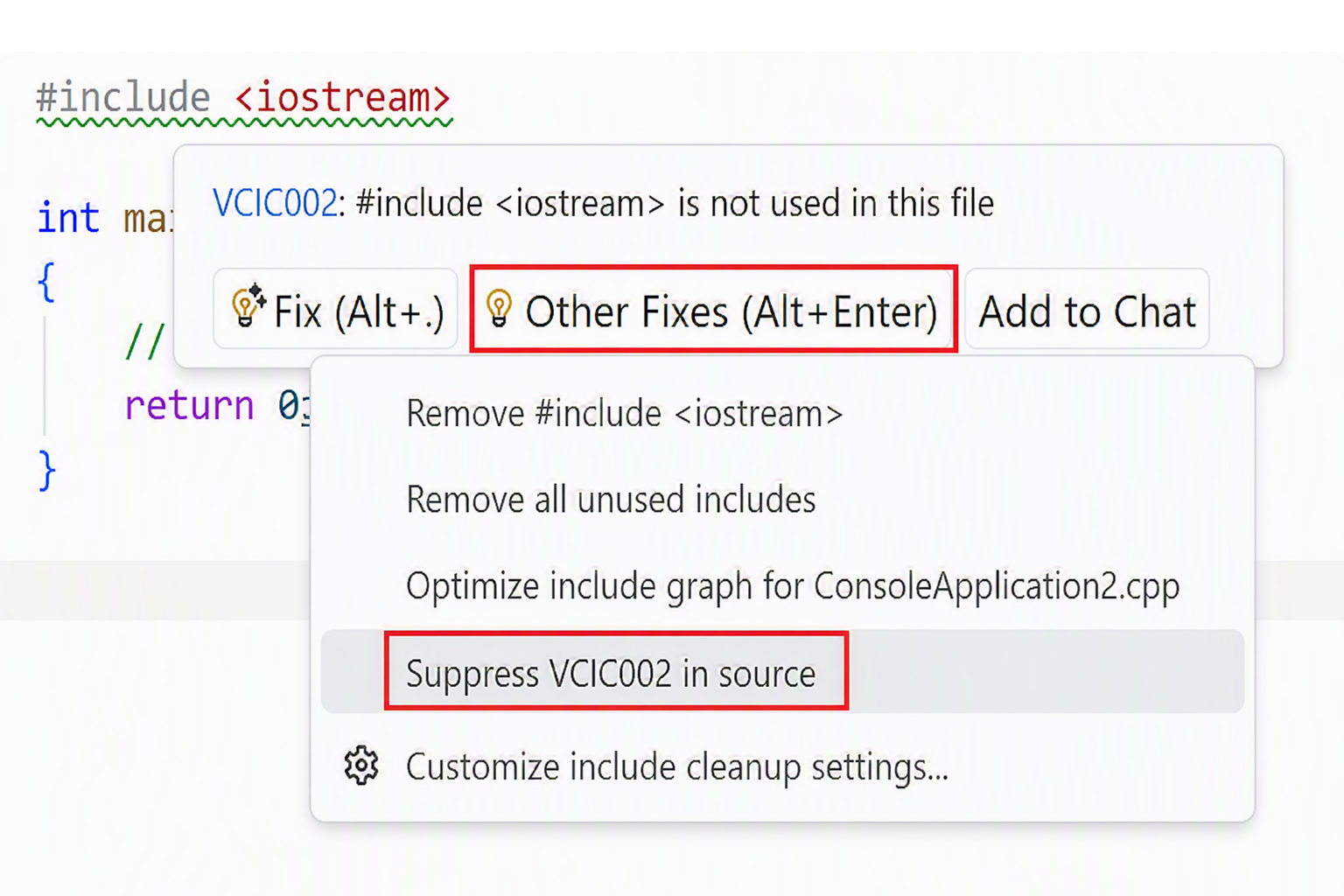 Снимок экрана: меню лампочки в Visual Studio с пунктом 