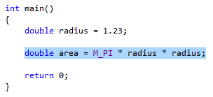 Снимок экрана: следующий код, выделенный перед извлечением: двойная область = M_PI * readious * radious;.