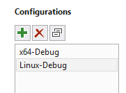 Снимок экрана: панель конфигураций с параметрами x64-Debug и Linux Debug.