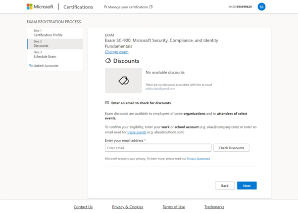 The Certification profile Exam Discounts screen with email field and Schedule exam button.