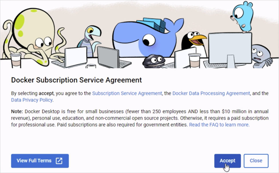 Accept Docker service agreement.