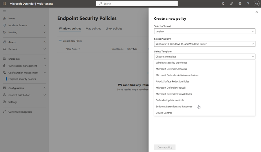Снимок экрана: страница создания политики на странице политики безопасности конечных точек в мультитенантном управлении.