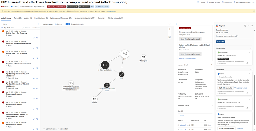 Снимок экрана: выделенная область Copilot с интерактивными ответами на странице инцидента Microsoft Defender.