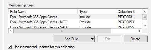 Снимок экрана с Configuration Manager с мастером включения и исключения коллекций с ранее созданными коллекциями.
