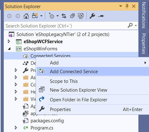 Screenshot of the Connected Services menu with the Add Connected Service option selected