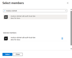 A screenshot showing how to filter for and select the Azure AD group for the application in the Select members dialog box.