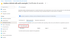 Снимок экрана: расположение ссылки, используемой для создания нового секрета клиента на странице сертификатов и секретов.