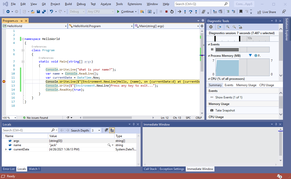 Снимок экрана с точкой останова в Visual Studio