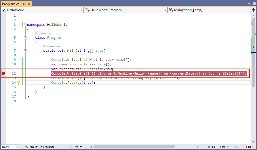 Окно приложения Visual Studio с установленной точкой останова