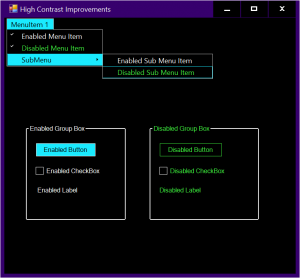 Screenshot of an app that uses different controls running in high contrast mode after accessibility improvements.