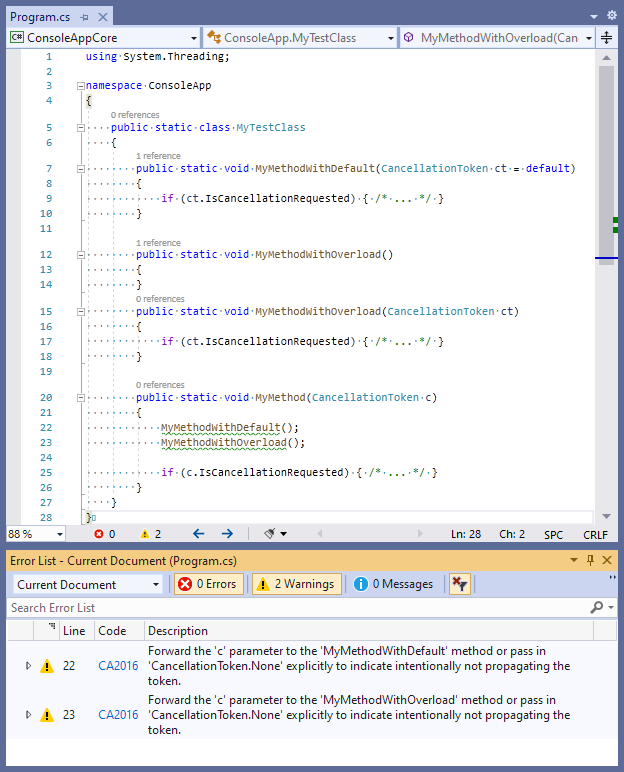 Rule CA2016 - Forward the CancellationToken parameter to methods that take one