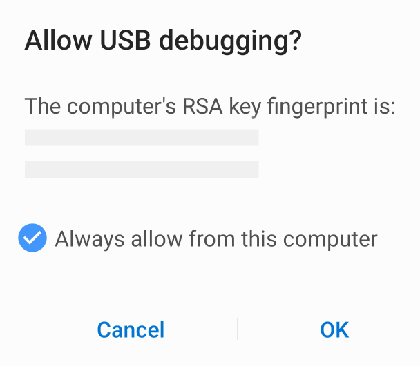 Запрос доверия Android с компьютера для использования отладки ПО USB.