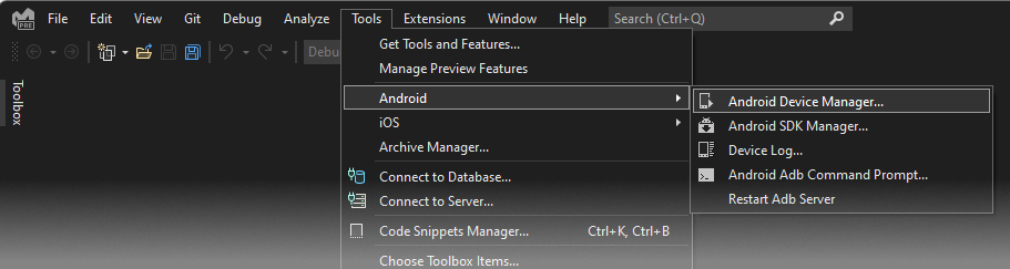 Launching the Device manager from the Tools menu.