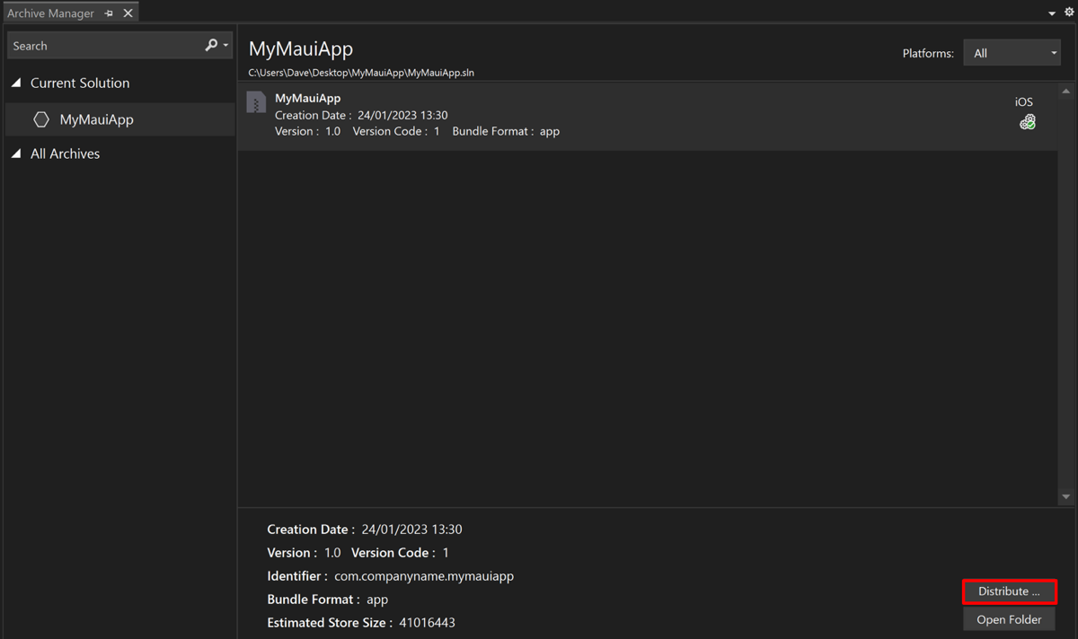 Снимок экрана: диспетчер архивов в Visual Studio после завершения архивации.