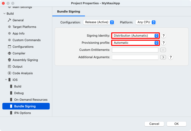Снимок экрана: вкладка подписывания пакета для iOS в Visual Studio для Mac.