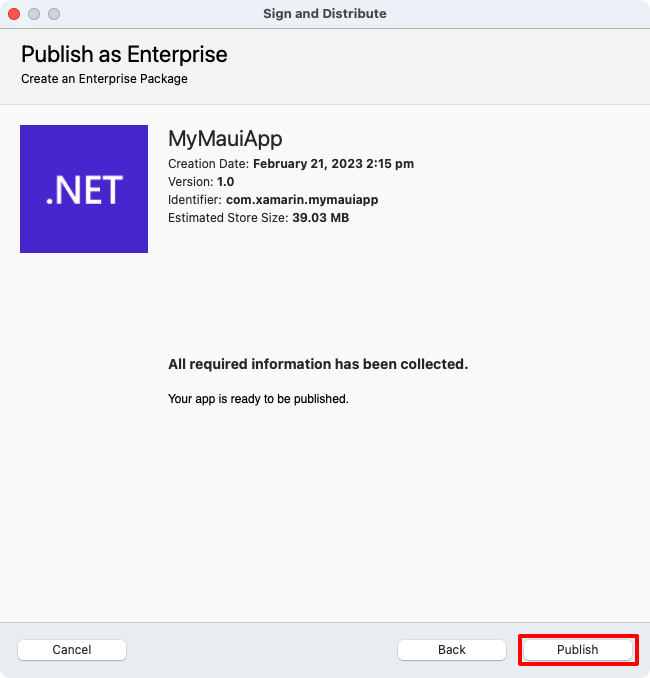Screenshot of publishing an iOS app using ad hoc distribution.