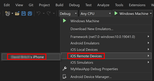 Select your remote device in Visual Studio.
