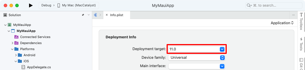 Screenshot of deployment target in Info.plist editor in Visual Studio for Mac.