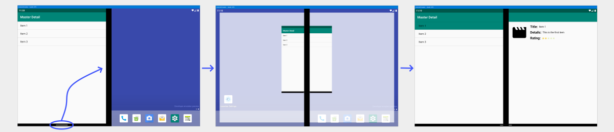 Шаги, позволяющие перевести приложение в режим отображения на двух экранах в эмуляторе Surface Duo