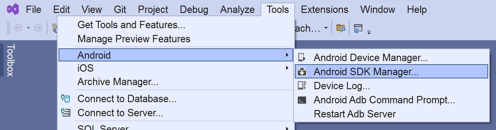 меню диспетчера пакетов SDK для Android Инструменты Visual Studio