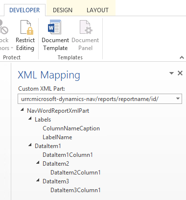 Фрагмент области "Сопоставление XML" в Word.