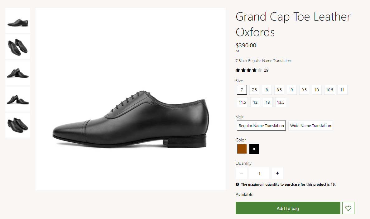 Примеры цветов, отображаемых как образцы на странице сведений о продукте.