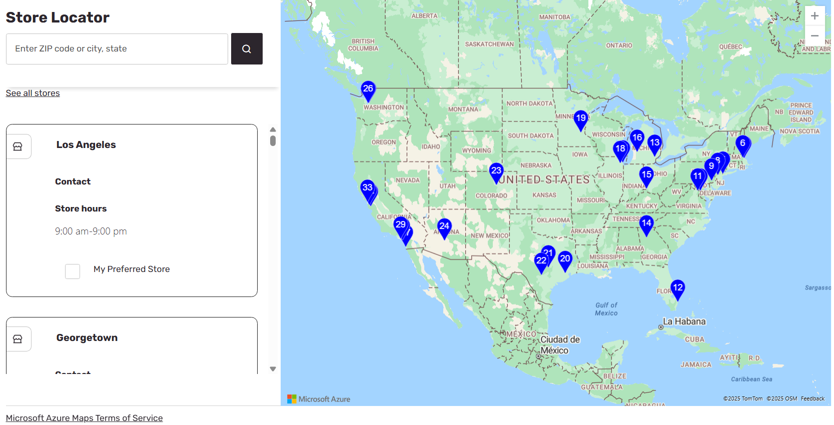 Пример модуля выбора магазина и модуля Azure Maps на странице местоположения магазина.