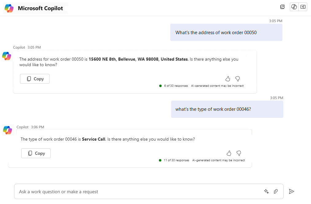 Чат Microsoft Copilot, показывающий адрес заказа на работу и тип другого заказа на работу