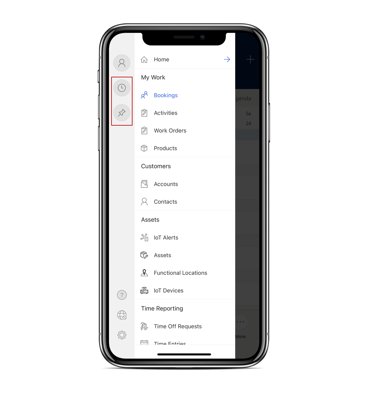 Визуализация мобильного устройства, на которой показано меню навигации с выделенными кнопками «Последние» и «Закрепить» в мобильном приложении Field Service.