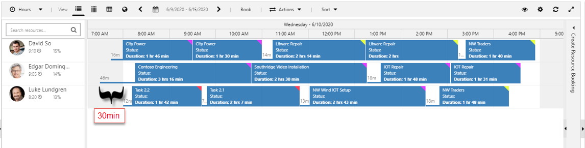 Снимок экрана с расписанием, показывающим время в пути вне рабочего времени.
