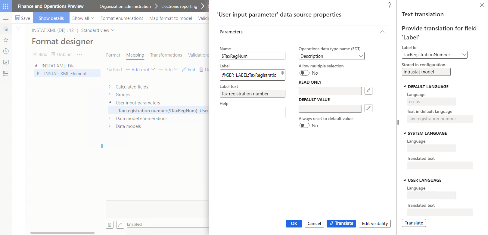 Свойства источника данных типа USER INPUT PARAMETER в диалоговом окне страницы конструктора формата.