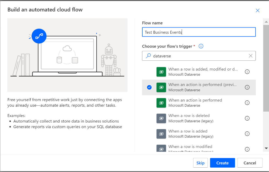 Screenshot of creating an automated cloud flow in Power Automate.