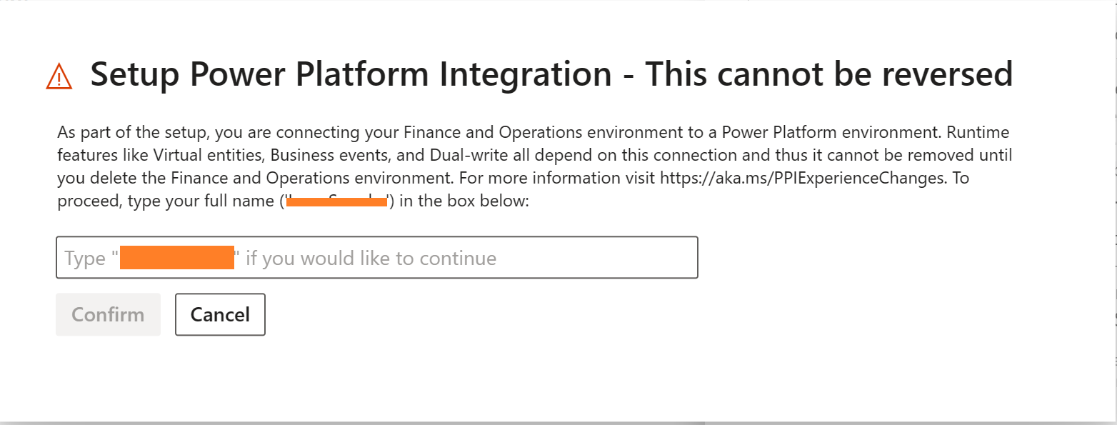 Screenshot of the Setup Power Platform Integration - This can't be reversed dialog box.