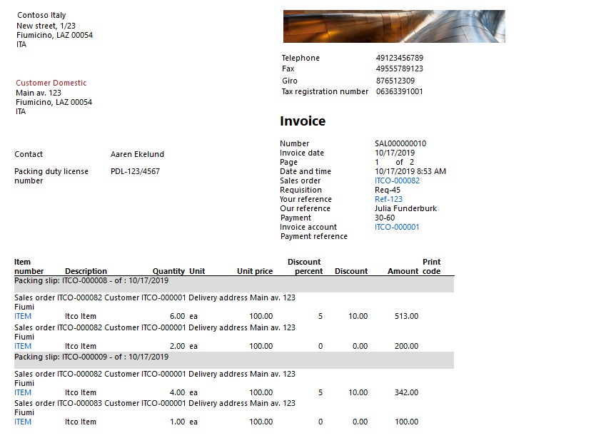 Example of an invoice where invoice lines are grouped and sorted by packing slip.