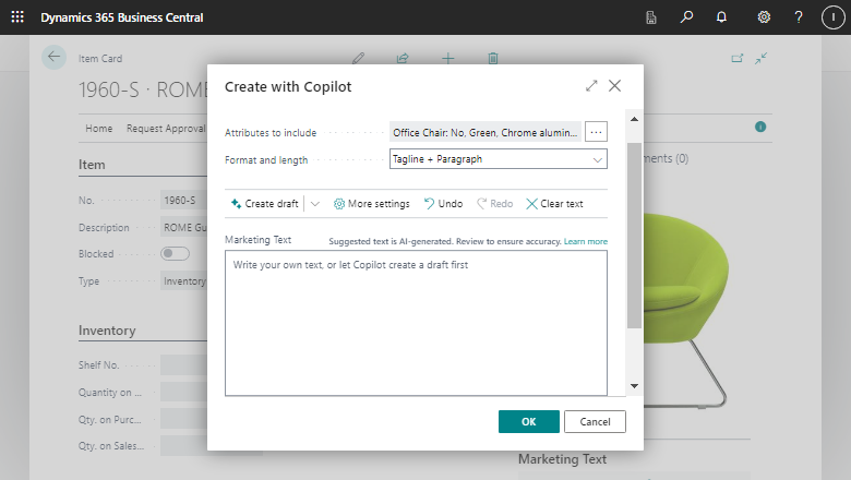 The Copilot window displaying the default fields and actions. The Copilot window displaying the default fields and actions.