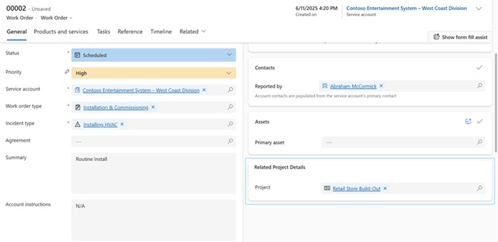 Screenshot showing the project linked to the work order on the work order experience. Screenshot showing the project linked to the work order on the work order experience.