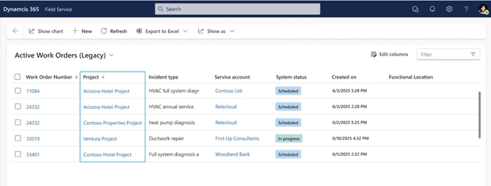 Screenshot showing project association in the work order list view. Screenshot showing project association in the work order list view.