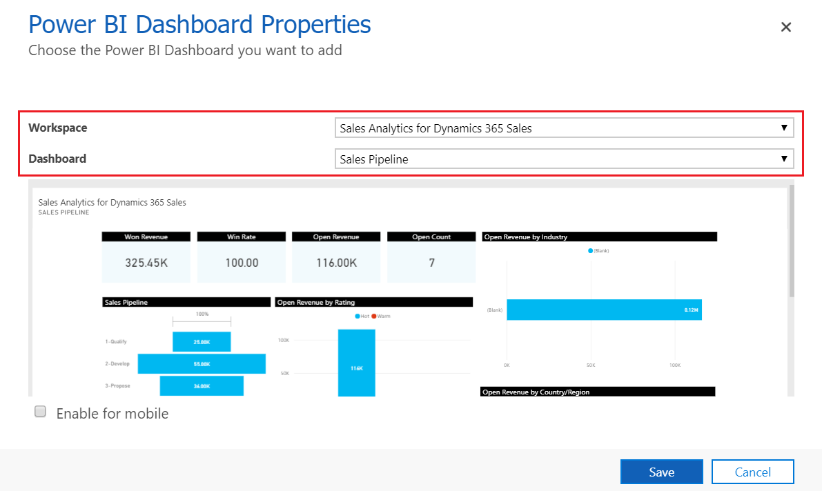 Свойства панели мониторинга Power BI.