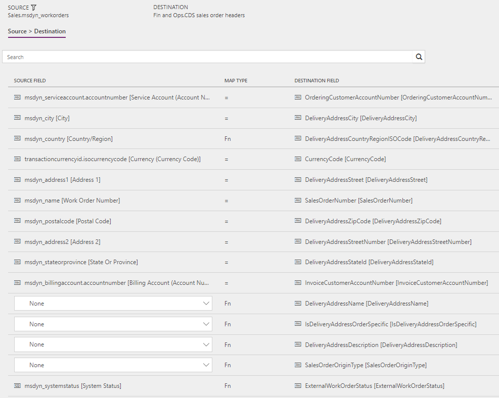 Screenshot of template mapping in Data integration for Work orders to Sales orders (Field Service to Supply Chain Management): WorkOrderHeader.